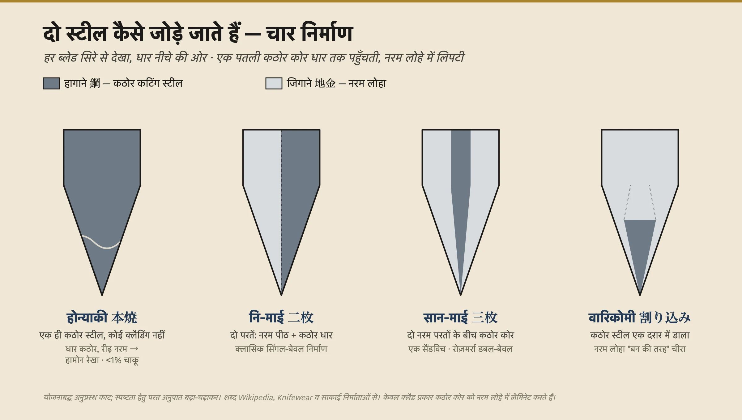 चार जापानी चाकू निर्माणों का एक योजनाबद्ध अनुप्रस्थ काट, सिरे से देखा गया, धार नीचे की ओर। होन्याकी: कठोर स्टील का एक ही टुकड़ा, कोई क्लैडिंग नहीं। नि-माई: दो परतें, एक नरम-लोहे की पीठ एक कठोर स्टील की धार से जुड़ी, सिंगल-बेवल चाकुओं के लिए। सान-माई: दो नरम-लोहे की बाहरी परतों के बीच सैंडविच किया एक कठोर स्टील का कोर, रोज़मर्रा का डबल-बेवल निर्माण। वारिकोमी: नरम लोहे का एक ब्लॉक एक बन की तरह चीरा गया जिसके खाँचे में कठोर स्टील की एक छड़ डालकर फोर्ज-वेल्ड की गई। हर क्लैड प्रकार में केवल कठोर hagane की एक पतली फीत कटिंग धार तक पहुँचती है, नरम jigane में लिपटी।
