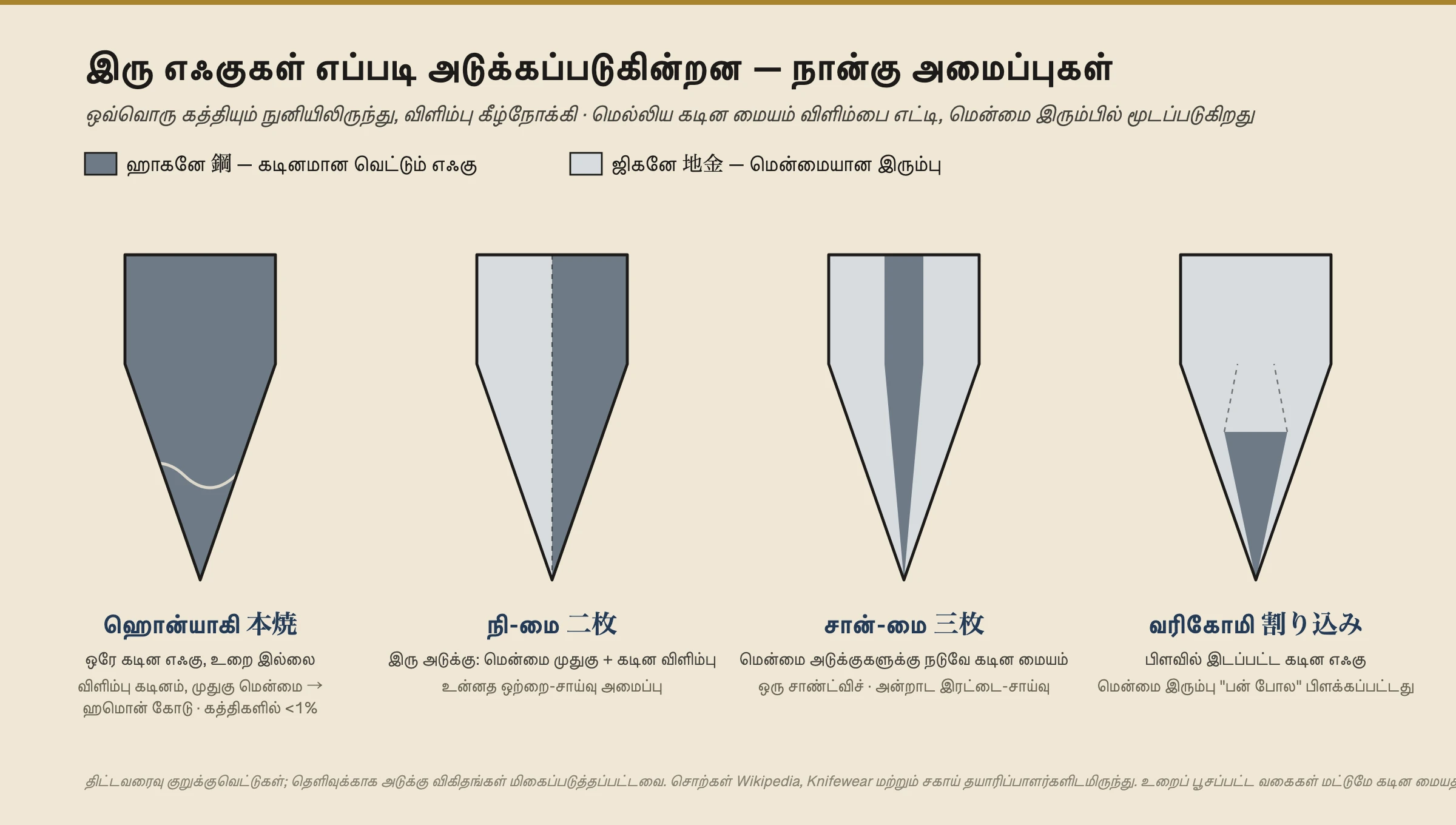 நான்கு ஜப்பானிய கத்தி அமைப்புகளின் திட்டவரைவு குறுக்குவெட்டு, நுனியிலிருந்து பார்க்கப்பட்டது, விளிம்பு கீழ்நோக்கி. ஹொன்யாகி: ஒரே கடின எஃகுத் துண்டு, உறை இல்லை. நி-மை: இரண்டு அடுக்குகள், மென்மை-இரும்பு முதுகு கடின எஃகு விளிம்புடன் இணைக்கப்பட்டது, ஒற்றை-சாய்வு கத்திகளுக்குப் பயன்படுத்தப்படுகிறது. சான்-மை: இரண்டு மென்மை-இரும்பு வெளி அடுக்குகளுக்கு இடையே ஒரு கடின எஃகு மையம், அன்றாட இரட்டை-சாய்வு அமைப்பு. வரிகோமி: பன் போல பிளக்கப்பட்ட மென்மை இரும்பு துண்டு, அதன் பிளவில் கடின எஃகுக் கம்பி இடப்பட்டு உலைப்-பற்றவைக்கப்படுகிறது. ஒவ்வொரு உறை வகையிலும் மெல்லிய கடின ஹாகனே நாடா மட்டுமே வெட்டும் விளிம்பை எட்டுகிறது, மென்மை ஜிகனேயில் மூடப்படுகிறது.