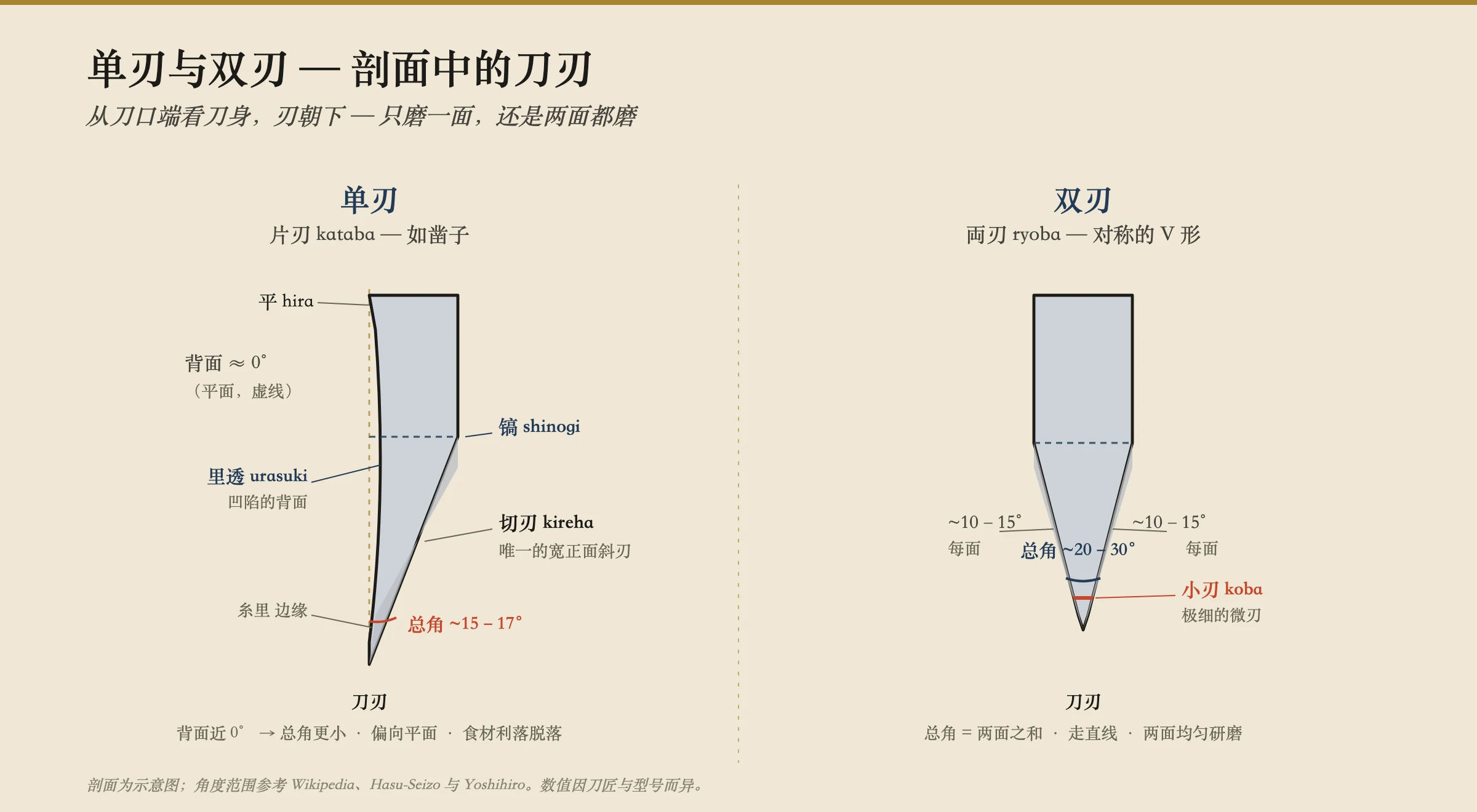 两种日本刀刃口的横截面对比。左侧是单面刃(片刃)刃口:一个宽阔平直的刃面叫切刃,从镐棱以约 15 至 17 度向下延伸到刃口,而背面平直,带一个浅浅的舀状凹槽叫裏透き;因为背面接近零度,总夹角很小。右侧是双面刃(两刃)刃口:一个对称的 V,每侧约 10 至 15 度研磨,形成 20 至 30 度夹角,最尖端带一个微小的二次微刃叫小刃。