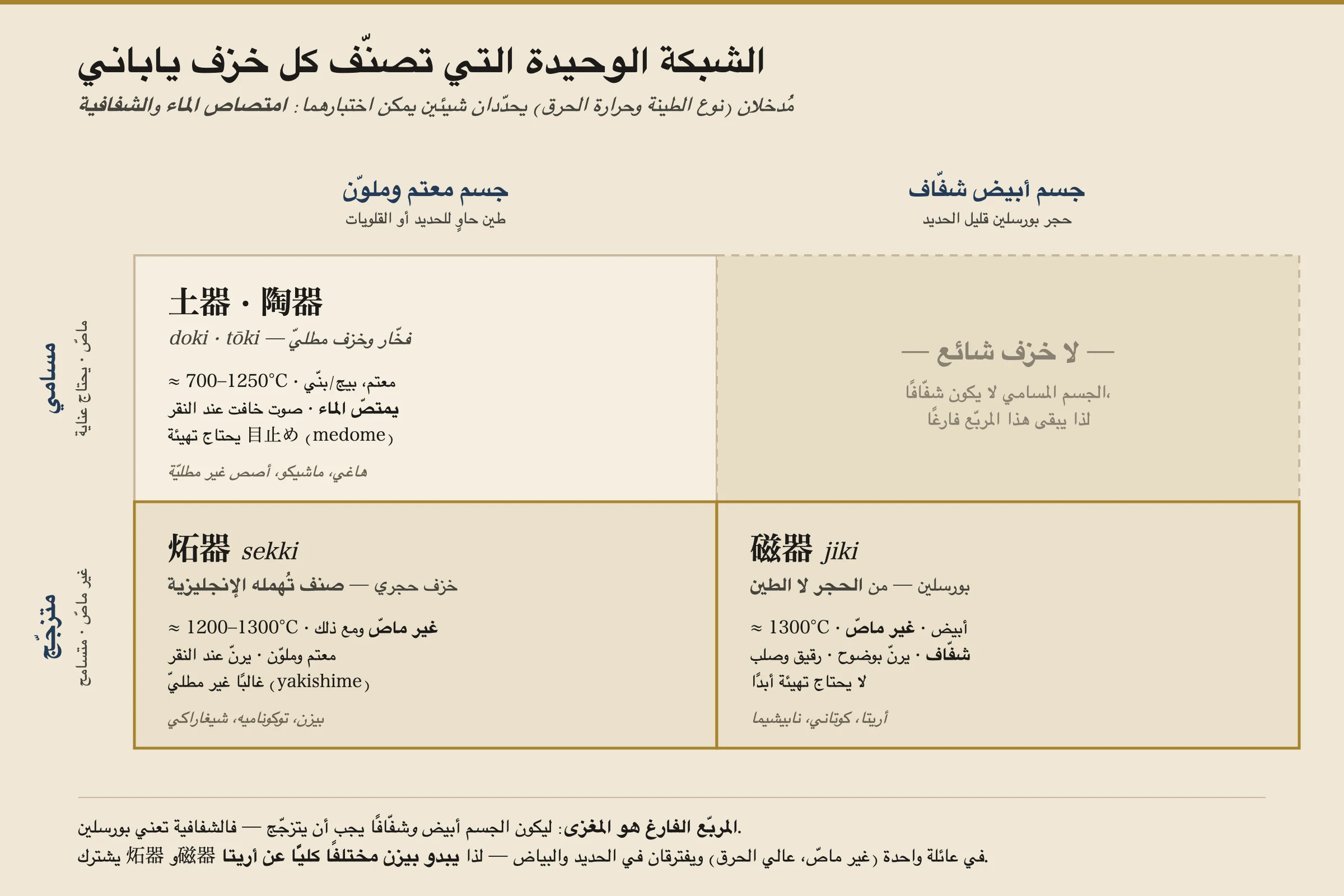 شبكةٌ ثنائية-في-ثنائية تصنّف الخزفيات اليابانية. الصفّ العلوي، المسامي والماصّ، يضمّ الخزف الطيني والفخّار (دوكي وتوكي) في جانب الجسم المعتم الملوّن، ومربّعًا فارغًا في جانب الأبيض الشفّاف. الصفّ السفلي، المُزجَّج وغير الماصّ، يضمّ الخزف الحجري (سيكّي — بيزن، توكونامه، شيغاراكي) في الجانب الملوّن، والبورسلين (جيكي — أريتا، كوتاني) في جانب الأبيض الشفّاف. يشير التعليق إلى أن الجسم كي يكون أبيض وشفّافًا لا بدّ أن يكون مُزجَّجًا، فالشفافية تعني بورسلين، وأن الخزف الحجري والبورسلين يتقاسمان عائلةً واحدة غير ماصّة ولا يختلفان إلا في الحديد والبياض.