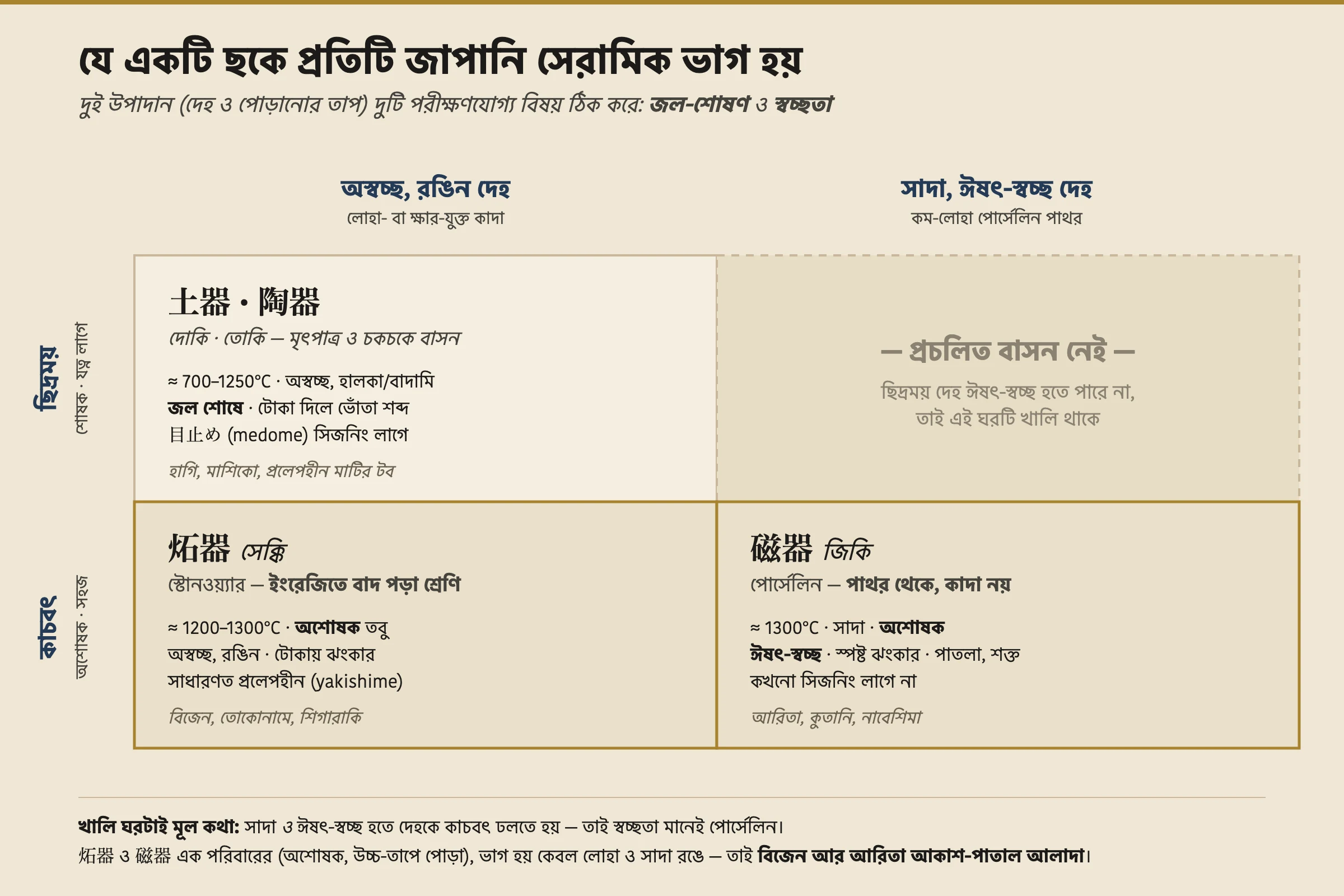 জাপানি সিরামিক সাজানো একটি দুই-বাই-দুই গ্রিড। উপরের সারি, ছিদ্রময় ও শোষক, অস্বচ্ছ-রঙিন-দেহের দিকে earthenware ও pottery (doki ও tōki) ধরে এবং সাদা-স্বচ্ছ দিকে একটি খালি বর্গ। নিচের সারি, কাচায়িত ও অ-শোষক, রঙিন দিকে stoneware (sekki — Bizen, Tokoname, Shigaraki) এবং সাদা-স্বচ্ছ দিকে porcelain (jiki — Arita, Kutani) ধরে। ক্যাপশন উল্লেখ করে যে সাদা ও স্বচ্ছ হতে হলে একটি দেহকে অবশ্যই কাচায়িত হতে হবে, তাই স্বচ্ছতা মানে porcelain, এবং stoneware ও porcelain একটি অ-শোষক পরিবার ভাগ করে ও শুধু লোহা ও সাদাত্বে ভিন্ন।