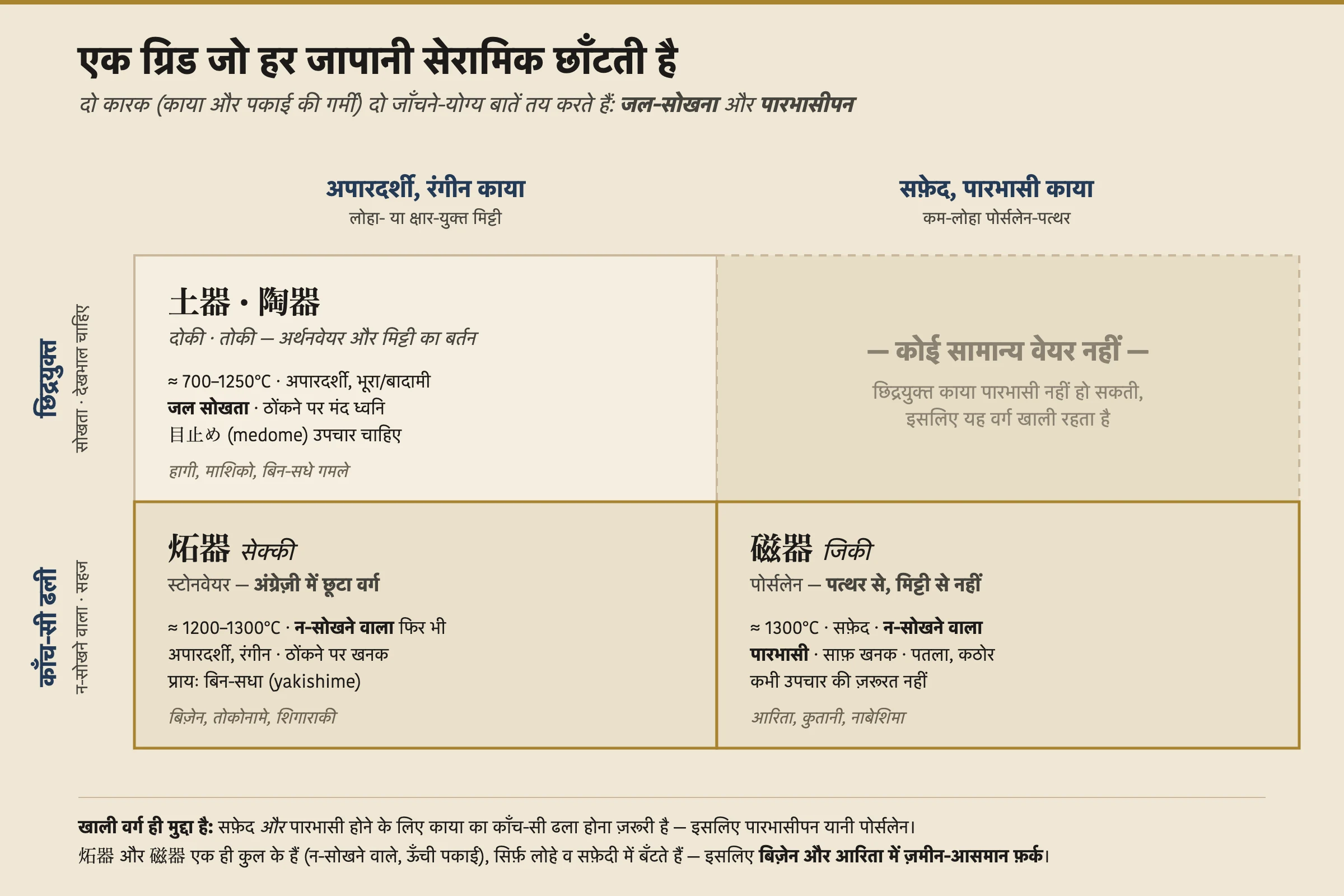 एक दो-गुणा-दो ग्रिड जो जापानी सेरामिक्स को छाँटती है। ऊपरी पंक्ति, छिद्रयुक्त और सोखने वाली, अपारदर्शी-रंगीन-काया वाली तरफ़ अर्थनवेयर और मिट्टी का बर्तन (दोकी और तोकी) रखती है और सफ़ेद-पारभासी तरफ़ एक खाली वर्ग। नीचे की पंक्ति, काँच-सी ढली और न-सोखने वाली, रंगीन तरफ़ स्टोनवेयर (सेक्की — बिज़ेन, तोकोनामे, शिगाराकी) रखती है और सफ़ेद-पारभासी तरफ़ पोर्सलेन (जिकी — आरिता, कुतानी)। कैप्शन बताता है कि सफ़ेद और पारभासी होने के लिए एक काया को काँच-सी ढला होना पड़ता है, इसलिए पारभासीपन का मतलब पोर्सलेन है, और यह कि स्टोनवेयर और पोर्सलेन एक न-सोखने वाला कुल साझा करते हैं और सिर्फ़ लोहे तथा सफ़ेदी में भिन्न होते हैं।