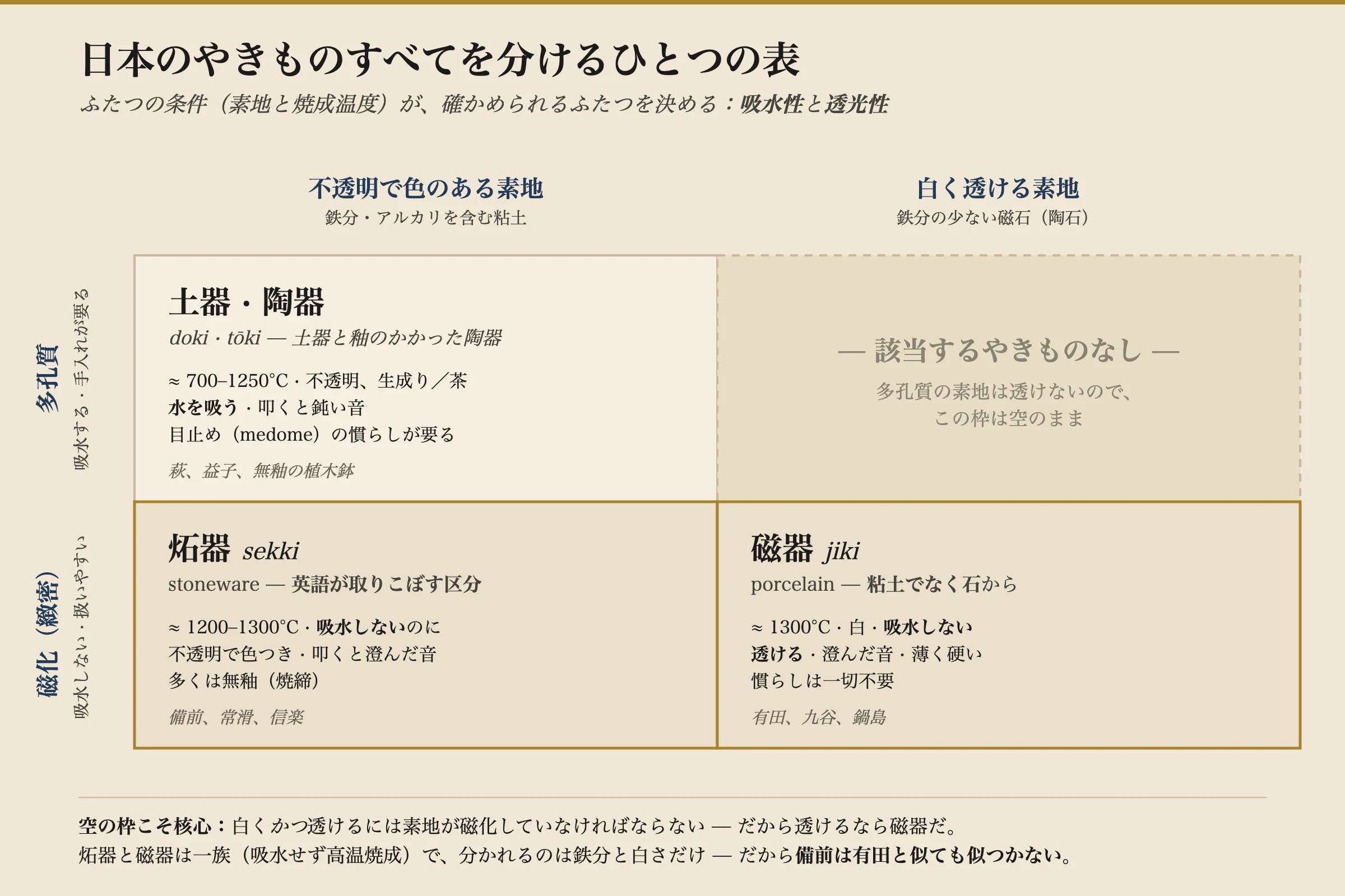 日本の陶磁器を仕分ける二×二の格子。上の行、多孔質で吸水性は、不透明で色づいた胎の側に土器と陶器(どきととうき)を、白く透光性の側に空の枠を置く。下の行、焼き締まって非吸水は、色づいた側に炻器(せっき——備前、常滑、信楽)を、白く透光性の側に磁器(じき——有田、九谷)を置く。注記は、白く透光性であるには胎が焼き締まっていなければならないので、透光性は磁器を意味すること、そして炻器と磁器は非吸水の一族を一つ共有し、鉄と白さだけで異なることを述べる。