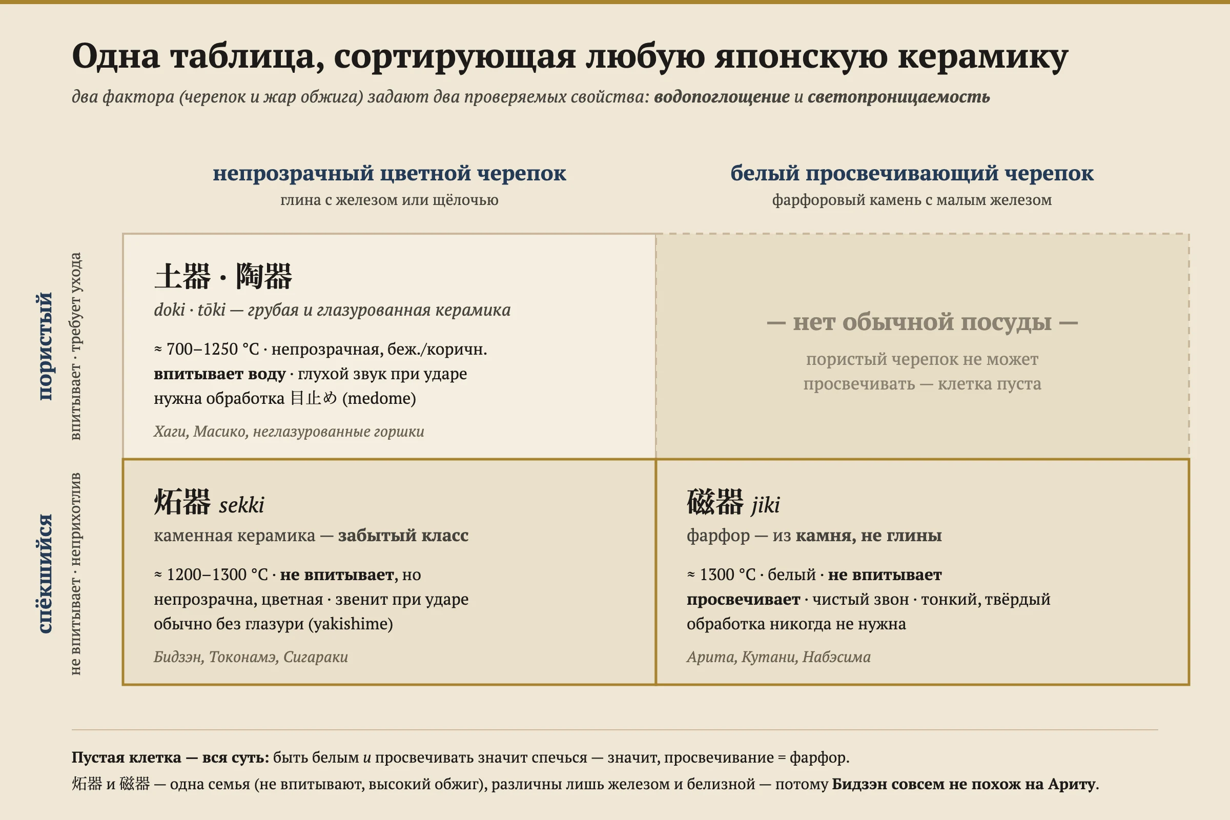 Сетка два-на-два, сортирующая японскую керамику. Верхний ряд, пористый и впитывающий, содержит фаянс и керамику (доки и тōки) на стороне непрозрачного цветного черепка и пустой квадрат на стороне белого просвечивающего. Нижний ряд, остеклованный и невпитывающий, содержит каменную массу (сэкки — Бидзэн, Токонамэ, Сигараки) на цветной стороне и фарфор (дзики — Арита, Кутани) на бело-просвечивающей стороне. Подпись отмечает, что чтобы быть белым и просвечивающим, черепок должен быть остеклован, поэтому просвечиваемость означает фарфор, а каменная масса и фарфор делят одно невпитывающее семейство и различаются лишь железом и белизной.