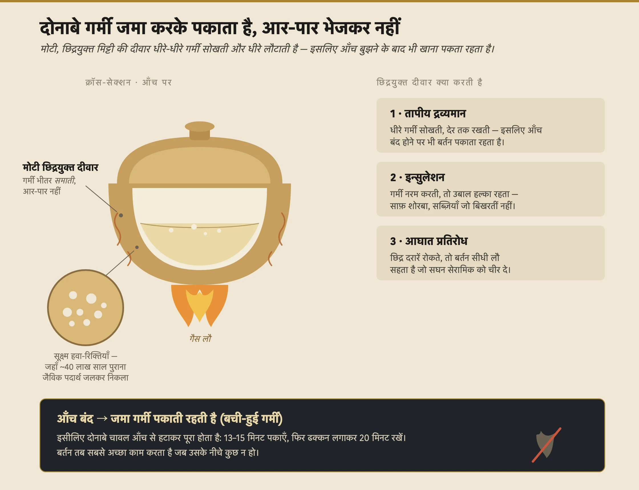 एक दोनाबे मिट्टी-बर्तन का क्रॉस-सेक्शन आरेख जो गैस-आँच के ऊपर बैठा है, समझाता है कि यह कैसे पकाता है। मोटी बर्तन की दीवार कटी हुई दिखाई गई है, साथ में एक बड़ा किया हुआ इनसेट जो वे सूक्ष्म हवा-रिक्तियाँ दिखाता है जहाँ पकाई के दौरान प्राचीन जैविक पदार्थ जलकर निकल गया। तीर दिखाते हैं कि गर्मी मोटी दीवार में सीधे आर-पार जाने के बजाय धीरे-धीरे भीतर जाती है। लेबल पढ़ते हैं: मोटी छिद्रयुक्त दीवार गर्मी जमा करती है (तापीय द्रव्यमान); छिद्र इन्सुलेट करते हैं, तो उबाल हल्का रहता है; और छिद्र दरारें रोकते हैं, जिससे तापीय-आघात प्रतिरोध मिलता है। आँच बुझने के बाद वाला दूसरा पैनल दिखाता है कि जमा गर्मी खाने को पकाती रहती है, जिसे बची-हुई-गर्मी वाली पकाई कहा गया है, जो चावल पकाते समय बीस मिनट के विश्राम जैसा ही असर है।