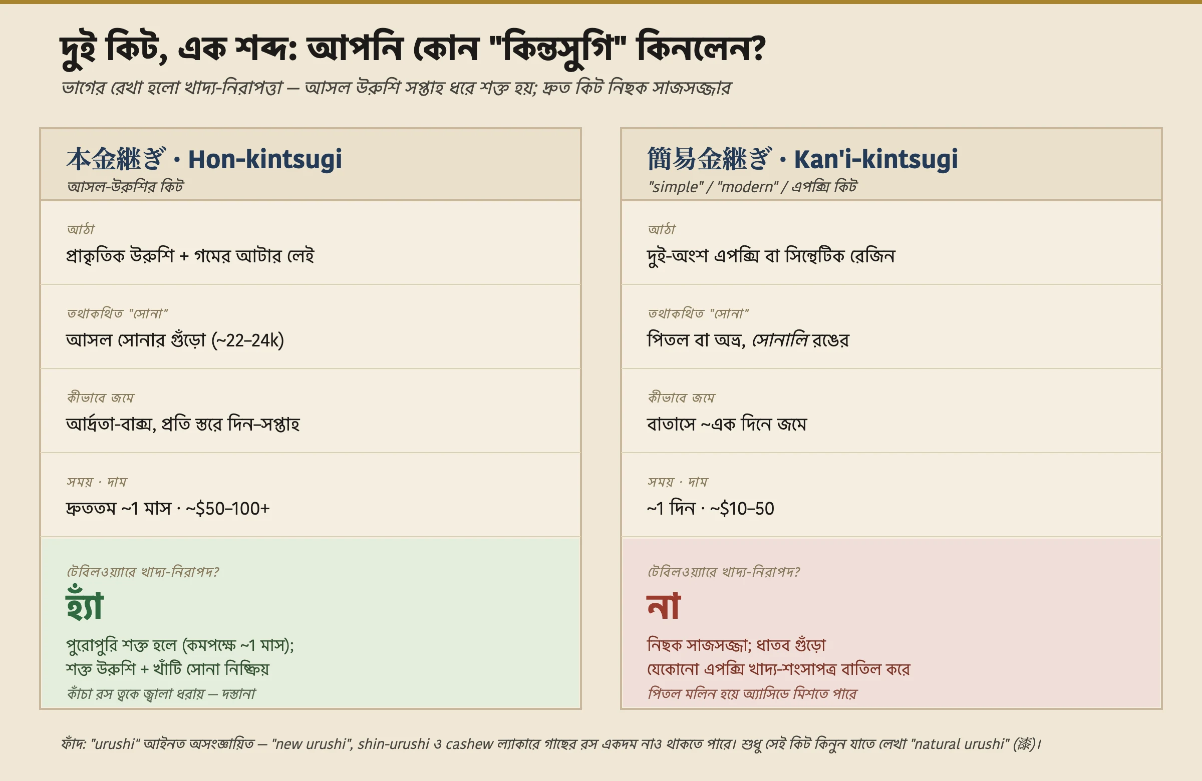 দুই ধরনের kintsugi কিটের তুলনা করা একটি পাশাপাশি ডিকোডার। বাঁদিকে, hon-kintsugi (আসল-urushi কিট): আঠা হলো প্রাকৃতিক urushi সঙ্গে একটি গমের-আটার পুটি; সোনা হলো প্রায় ২২ থেকে ২৪ ক্যারাটের আসল সোনার গুঁড়ো; এটি স্তরপ্রতি দিন থেকে এক সপ্তাহ ধরে একটি আর্দ্রতা-বাক্সে জমে; এটি সবচেয়ে তাড়াতাড়ি প্রায় এক মাস সময় নেয় আর খরচ মোটামুটি পঞ্চাশ থেকে একশোরও বেশি ডলার; আর পুরোপুরি শুকিয়ে গেলে এটি টেবিলওয়্যারে খাদ্য-নিরাপদ, একটি নোটসহ যে কাঁচা রস একটি ত্বক-জ্বালাকর তাই গ্লাভস পরুন। ডানদিকে, kan'i-kintsugi (simple, modern, বা epoxy কিট): আঠা হলো দুই-অংশের ইপক্সি বা কৃত্রিম রেজিন; সোনা হলো ব্রাস বা মাইকা, সোনালি-রঙা; এটি প্রায় এক দিনে বাতাসে জমে; এটি প্রায় এক দিন সময় নেয় আর খরচ মোটামুটি দশ থেকে পঞ্চাশ ডলার; আর এটি খাদ্য-নিরাপদ নয় — কেবল সাজানোর জন্য, কারণ ধাতব গুঁড়ো যেকোনো ইপক্সি খাদ্য-সনদ বাতিল করে আর ব্রাস অম্লে ক্ষয়ে ও মিশে যেতে পারে। একটি পাদটীকা সতর্ক করে যে urushi শব্দটি আইনগতভাবে অসংজ্ঞায়িত, তাই new urushi, shin-urushi, আর cashew ল্যাকারে আদৌ কোনো গাছের রস না থাকতে পারে; কেবল সেই কিট কিনুন যেগুলোতে natural urushi লেখা আছে।