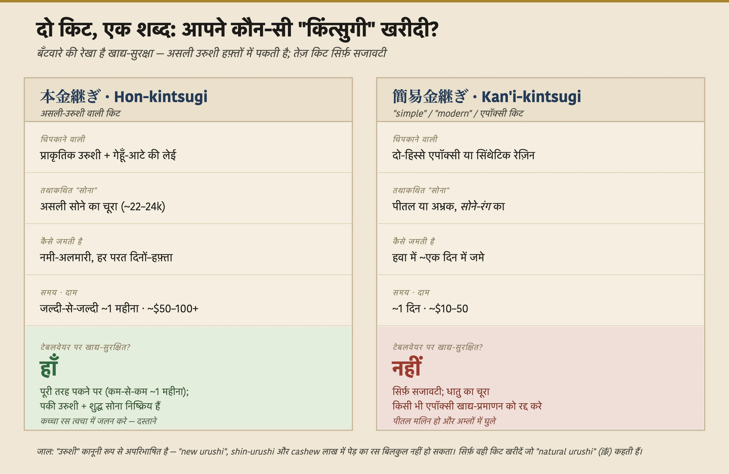 दो किस्म की किंत्सुगी किट की तुलना करने वाला एक आमने-सामने डिकोडर। बाईं ओर, hon-kintsugi (असली-उरुशी किट): चिपकाने वाली सामग्री प्राकृतिक उरुशी और एक गेहूँ-आटे की लेई है; सोना असली सोने का चूरा है, करीब 22 से 24 कैरट; यह प्रति परत दिनों से एक हफ़्ते तक एक नमी-अलमारी में जमती है; इसमें कम से कम करीब एक महीना लगता है और लागत मोटे तौर पर पचास से सौ डॉलर से ऊपर तक होती है; और पूरी तरह पकने पर यह टेबलवेयर पर खाद्य-सुरक्षित है, इस नोट के साथ कि कच्चा रस त्वचा में जलन करता है तो दस्ताने पहनें। दाईं ओर, kan'i-kintsugi (simple, modern, या एपॉक्सी किट): चिपकाने वाली सामग्री दो-हिस्से वाली एपॉक्सी या सिंथेटिक रेज़िन है; सोना पीतल या अभ्रक है, सोने-रंग का; यह करीब एक दिन में हवा में जम जाती है; इसमें करीब एक दिन लगता है और लागत मोटे तौर पर दस से पचास डॉलर होती है; और यह खाद्य-सुरक्षित नहीं है — सिर्फ़ सजावटी, क्योंकि धातु का चूरा किसी भी एपॉक्सी खाद्य प्रमाणन को रद्द कर देता है और पीतल मलिन होकर अम्लों में घुल सकता है। एक फ़ुटर चेताता है कि शब्द उरुशी कानूनी रूप से अपरिभाषित है, तो new urushi, shin-urushi, और cashew लाख में पेड़ का रस बिलकुल नहीं हो सकता; सिर्फ़ वही किट खरीदें जो natural urushi कहती हैं।