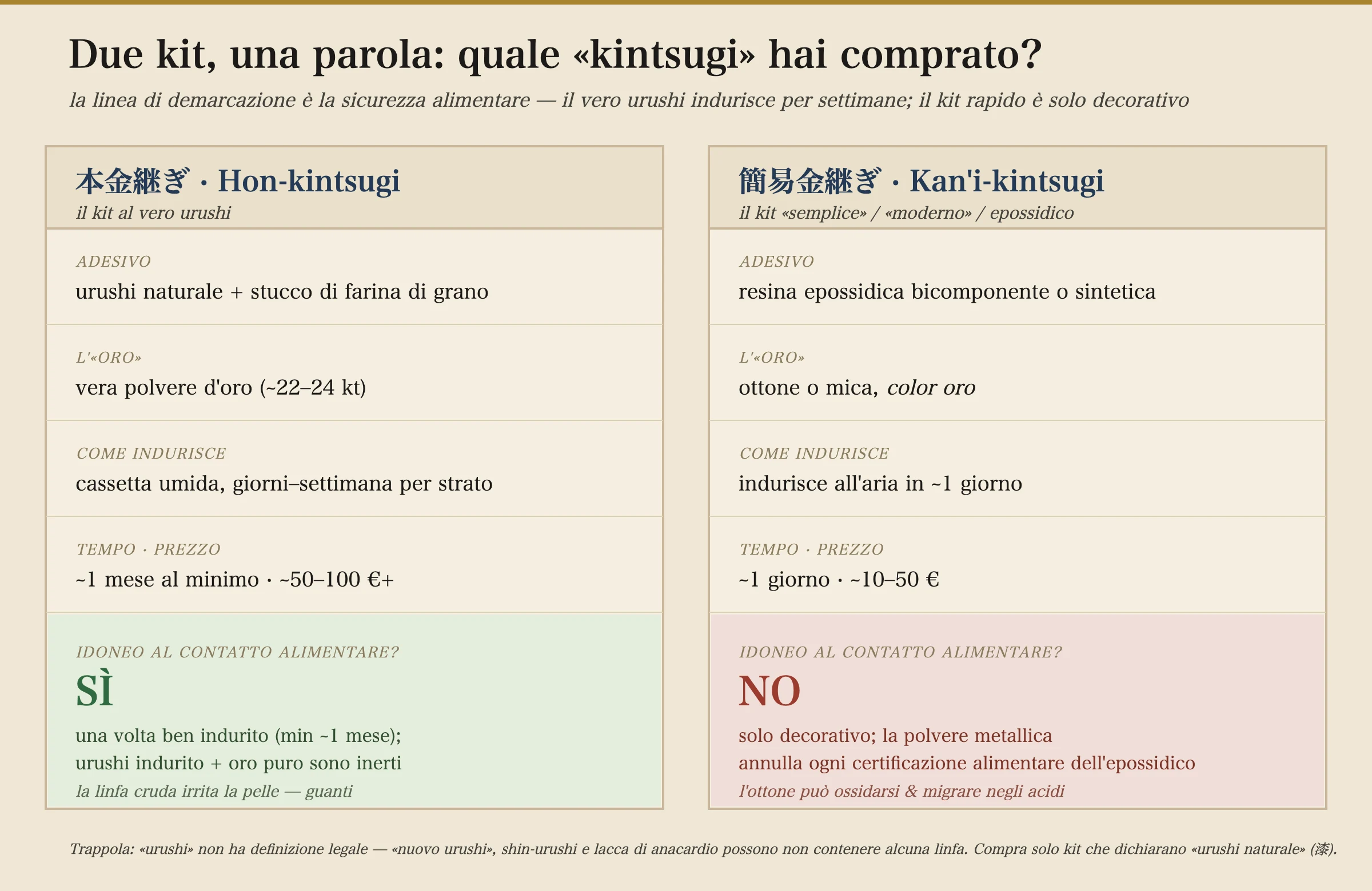 Un decodificatore affiancato che confronta due tipi di kit kintsugi. A sinistra, l'hon-kintsugi (il vero kit all'urushi): l'adesivo è urushi naturale più uno stucco di farina di grano; l'oro è vera polvere d'oro attorno a 22-24 carati; indurisce in una scatola di umidità nell'arco di giorni fino a una settimana per strato; richiede circa un mese al minimo e costa grosso modo da cinquanta a oltre cento euro; ed è sicuro per gli alimenti sul vasellame una volta pienamente indurito, con una nota che la linfa cruda è un irritante cutaneo quindi indossare guanti. A destra, il kan'i-kintsugi (il kit semplice, moderno o all'epossidica): l'adesivo è epossidica bicomponente o resina sintetica; l'oro è ottone o mica, color oro; indurisce all'aria in circa un giorno; richiede circa un giorno e costa grosso modo da dieci a cinquanta euro; e non è sicuro per gli alimenti — solo decorativo, perché la polvere metallica annulla qualsiasi certificazione alimentare dell'epossidica e l'ottone può ossidarsi e rilasciarsi negli acidi. Un piè di pagina avverte che la parola urushi è legalmente indefinita, quindi nuovo urushi, shin-urushi e lacca cashew possono non contenere affatto linfa d'albero; compra solo kit che dicono urushi naturale.