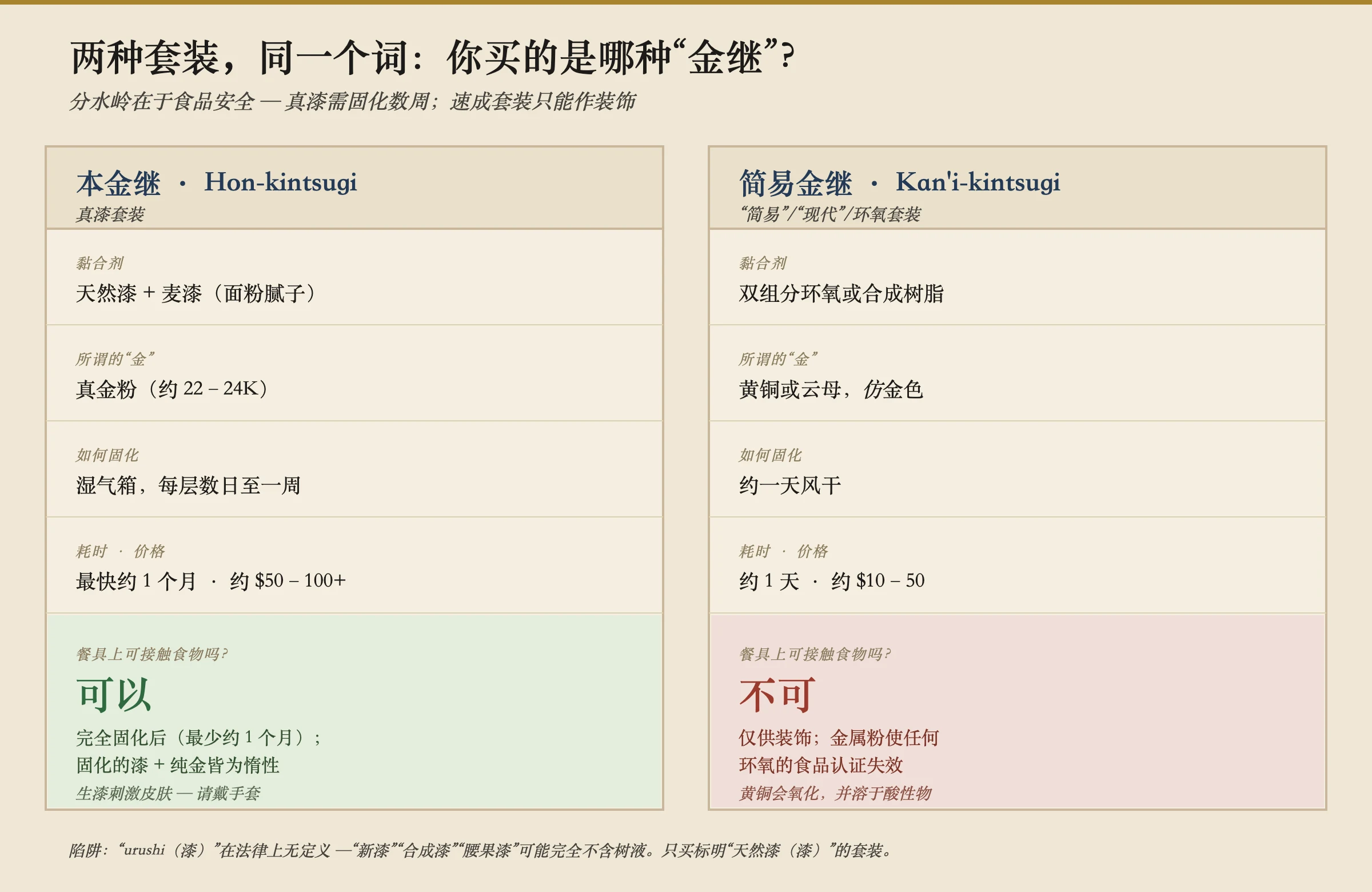 一张并排的解码图,比较两种金缮套装。左侧是本金继ぎ(真漆套装):黏合剂是天然漆加小麦面糊;金是约22至24K的真金粉;每层在湿度箱里固化数天到一周;最快约一个月完成,价格约五十到一百多美元;彻底固化后餐具食用安全,并注明生漆是皮肤刺激物、须戴手套。右侧是简易金继ぎ(简易、现代或环氧套装):黏合剂是两组分环氧或合成树脂;金是黄铜或云母、金色的;约一天风干;约一天完成,价格约十到五十美元;且非食用安全——仅供装饰,因为金属粉使任何环氧的食品认证失效、且黄铜会变色并在酸中析出。底部提醒:“漆”一词无法律定义,所以新漆、新うるし和腰果漆可能完全不含树液;只买标明“天然漆”的套装。