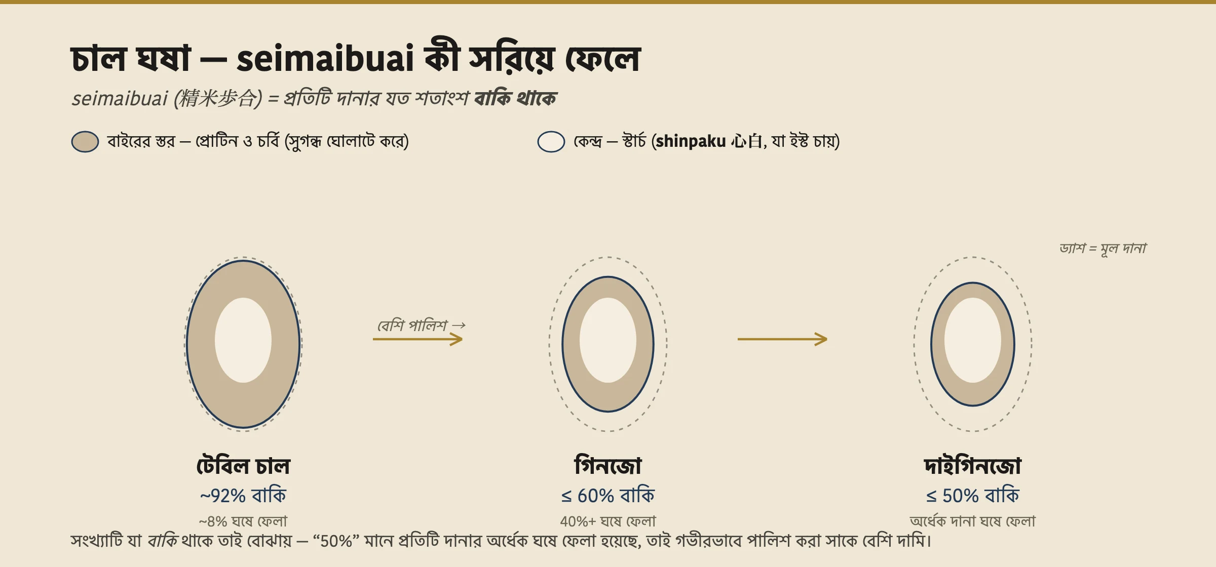 চালের দানার প্রস্থচ্ছেদ, দেখাচ্ছে কীভাবে ঘষে বাইরের প্রোটিন ও চর্বির স্তর সরিয়ে স্টার্চি shinpaku কেন্দ্র রাখা হয়: টেবিল চাল প্রতিটি দানার প্রায় ৯২% রাখে, ginjo ৬০% বা কম, daiginjo ৫০% বা কম।