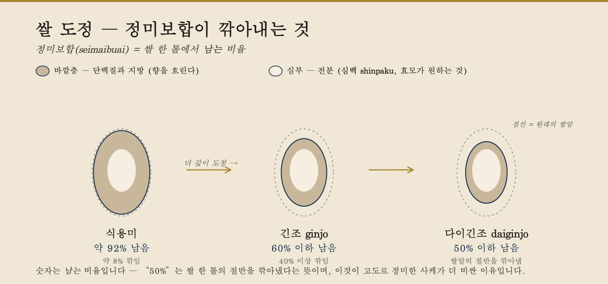 도정이 어떻게 바깥 단백질과 지방 층을 제거해 전분질의 심백(신파쿠) 심지를 남기는지 보여주는 쌀알 단면도: 식용 쌀은 각 낟알의 약 92%를 남기고, 긴조는 60% 이하, 다이긴조는 50% 이하를 남긴다.
